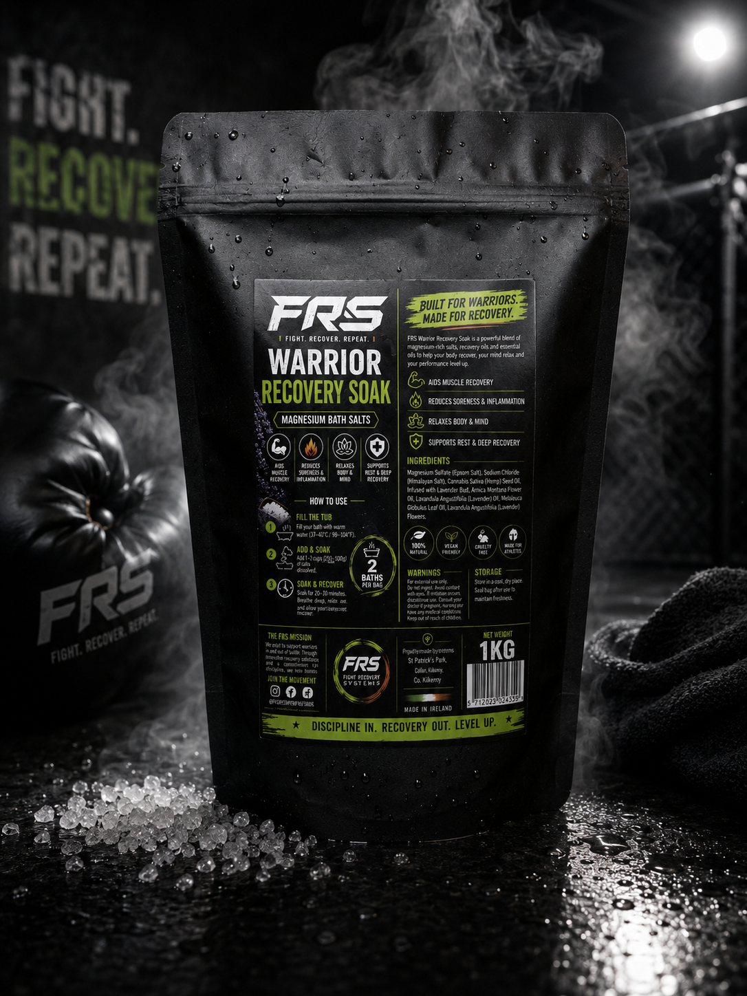 Warrior Recovery Soak magnesium bath salts by Fight Recovery Systems in a black pouch, designed to aid muscle recovery, reduce soreness, and support relaxation after training.