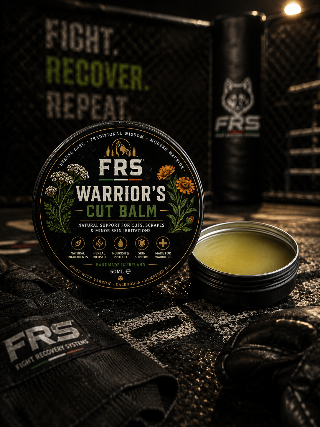 FRS Warrior Cut Balm for cuts, scrapes and skin recovery, made with yarrow, calendula and hemp seed oil.