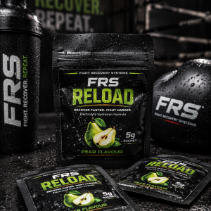 FRS Reload Pear Electrolytes sachets with shaker bottle, designed to support hydration, recovery, performance, and electrolyte replenishment after training.