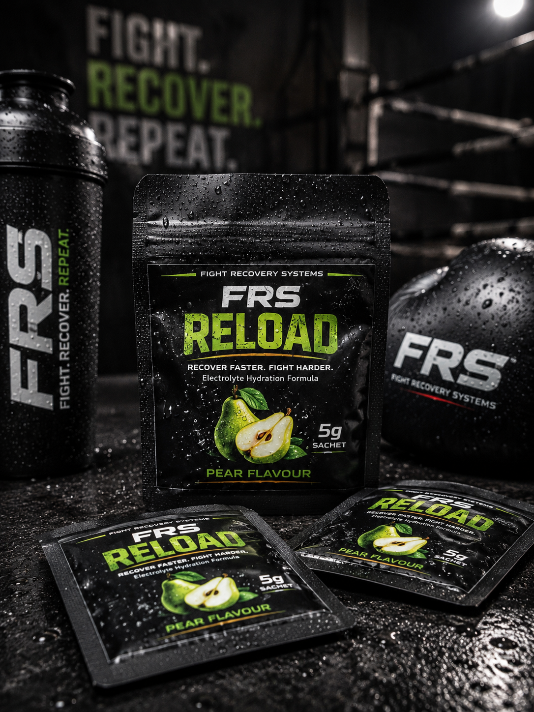 FRS Reload Pear Electrolytes sachets with shaker bottle, designed to support hydration, recovery, performance, and electrolyte replenishment after training.